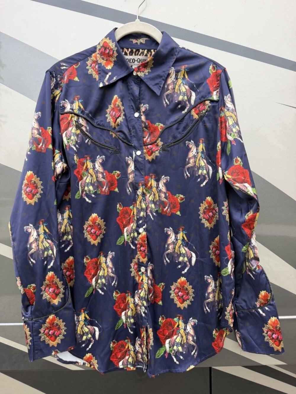 Rodeo Quincy purple cowgirl rodeo all-over print western satin shirt L Texas